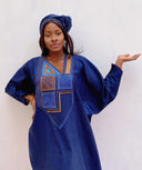 Boubou Diena vert turquoise en lin glacé brodé — tenue africaine cérémonie BouBouQueens