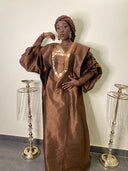 Boubou Nafyssa chocolat shantung brodé doré — tenue africaine mariage BouBouQueens